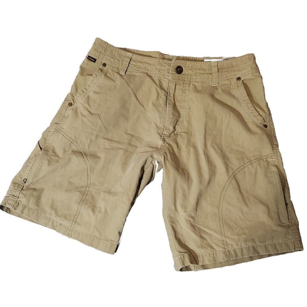 KUHL Vintage Patina Dyed Ambush Zip Safari Utility Cargo Tan Mens Shorts Size 32